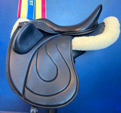 17" DMK Pinnacle Dressage Saddle. Flat Tree. High thigh, High profile blocks. Rent, Buy Demo, or Purchase New only at Delfina Saddlery.