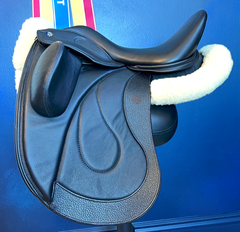 17" WOW Pinnacle Dressage Saddle Semi-Curved Tree black panel leather butt wear strip high thigh high profile blocks. Buy demo stock, order new, or rent weekly, only at Delfina Saddlery.