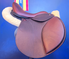 17" WOW DMK Show Jumping Dual-Flap Saddle. Semi-Curved Tree. Forward Cut flap. Movable knee block. Rent, Buy Demo, or Purchase New only at Delfina Saddlery.