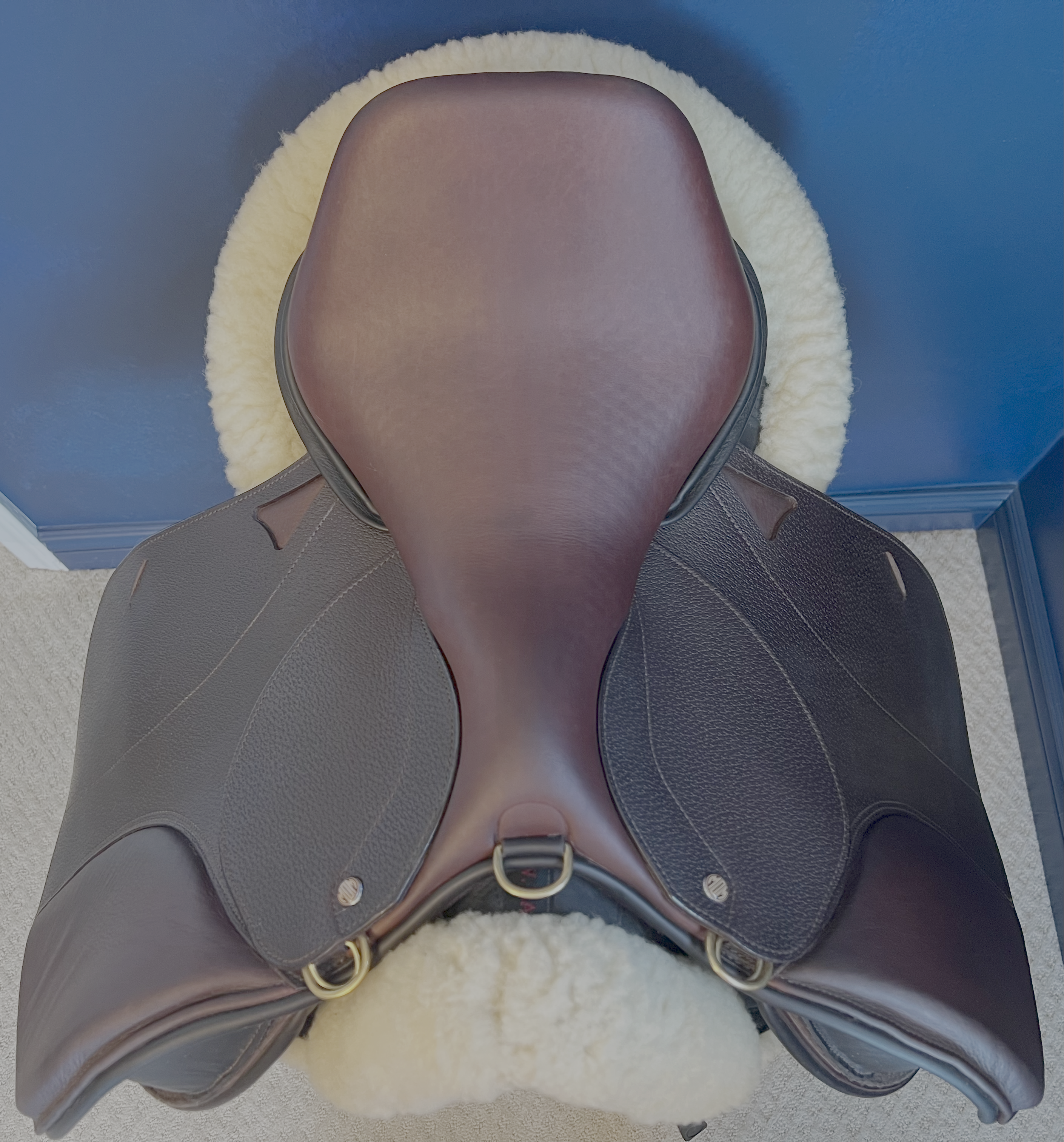 17" WOW DMK Show Jumping Dual-Flap Saddle. Semi-Curved Tree. Forward Cut flap. Movable knee block. Rent, Buy Demo, or Purchase New only at Delfina Saddlery.