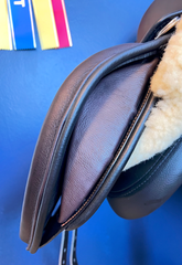 18" DMK Peak Show Jumping Saddle. Curved Tree. Forward Cut flap. Fixed curved block. Rent, Buy Demo, or Purchase New only at Delfina Saddlery.