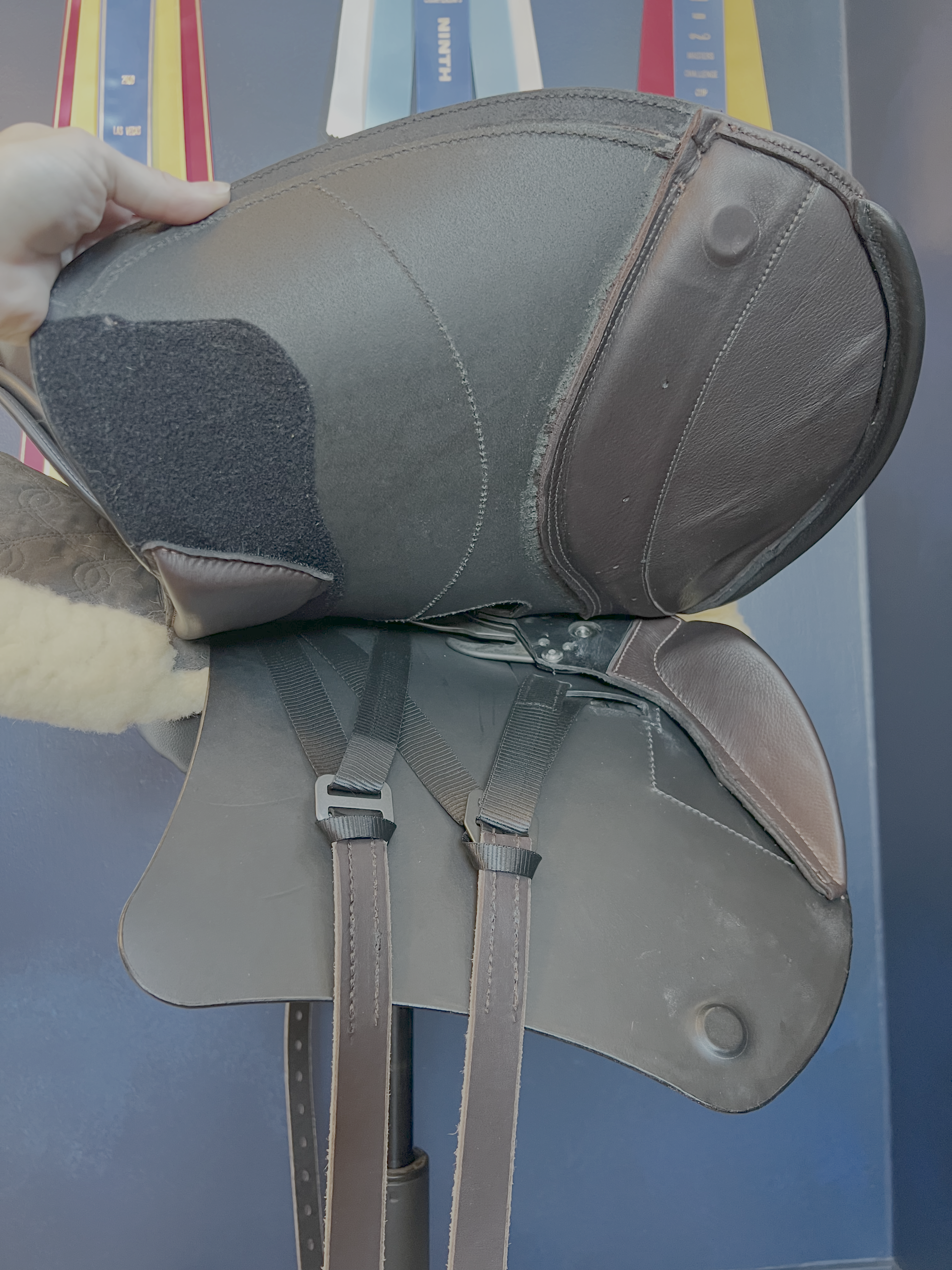 18" DMK Peak Show Jumping Saddle. Curved Tree. Forward Cut flap. Fixed curved block. Rent, Buy Demo, or Purchase New only at Delfina Saddlery.