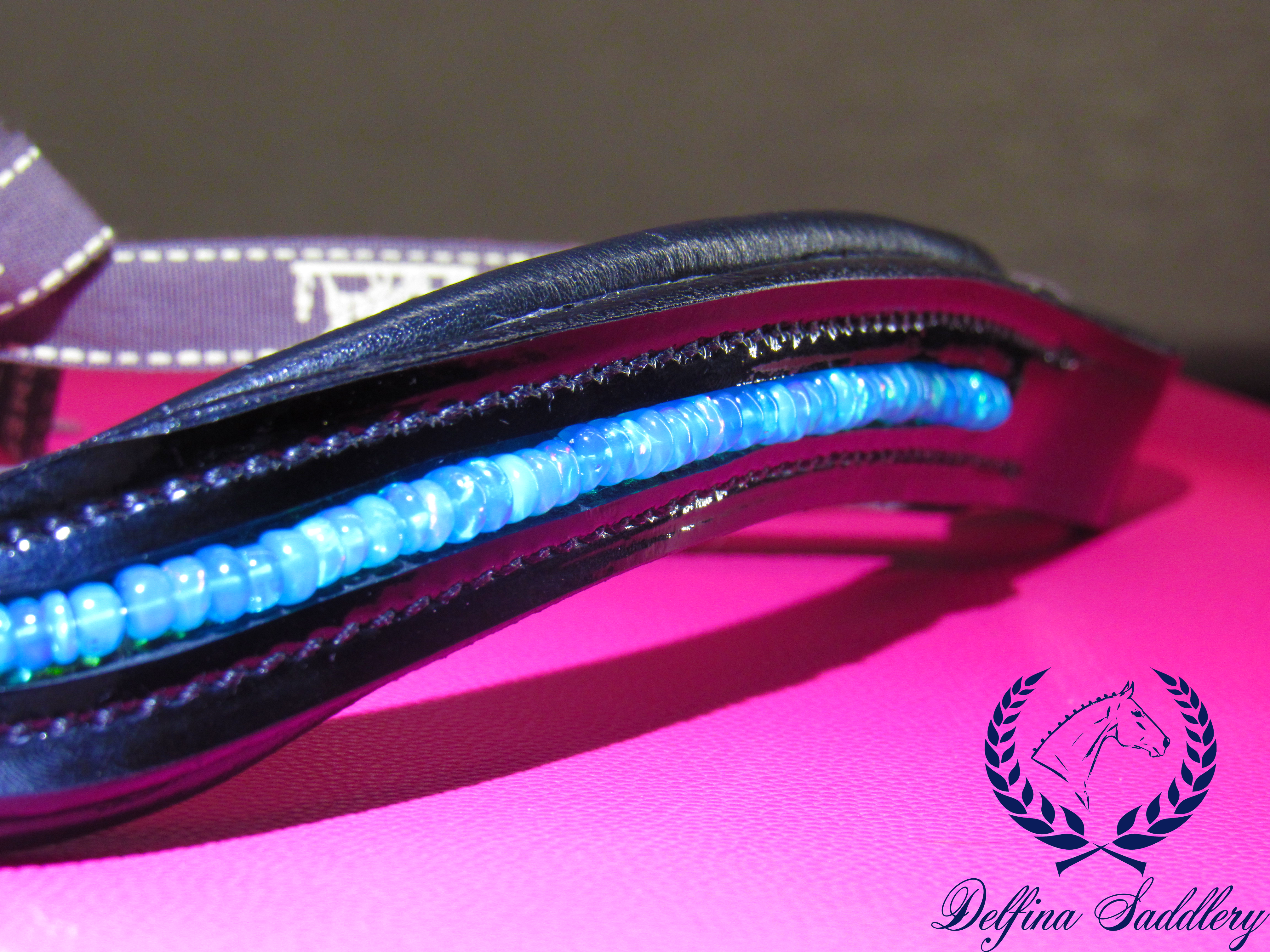 Custom Browband: Genuine Blue Opals in Patent Leather - 14.5"