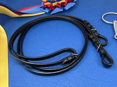Delfina brand black, flat reins with buckle ends for dressage, jumpers, pleasure, trail horses.