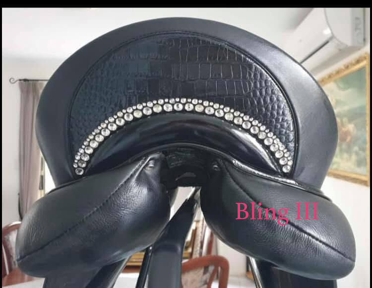 WOW Saddle's bling III 3 option of genuine swarovski crystals inlaid around the cantle plate for custom english riding saddles dressage