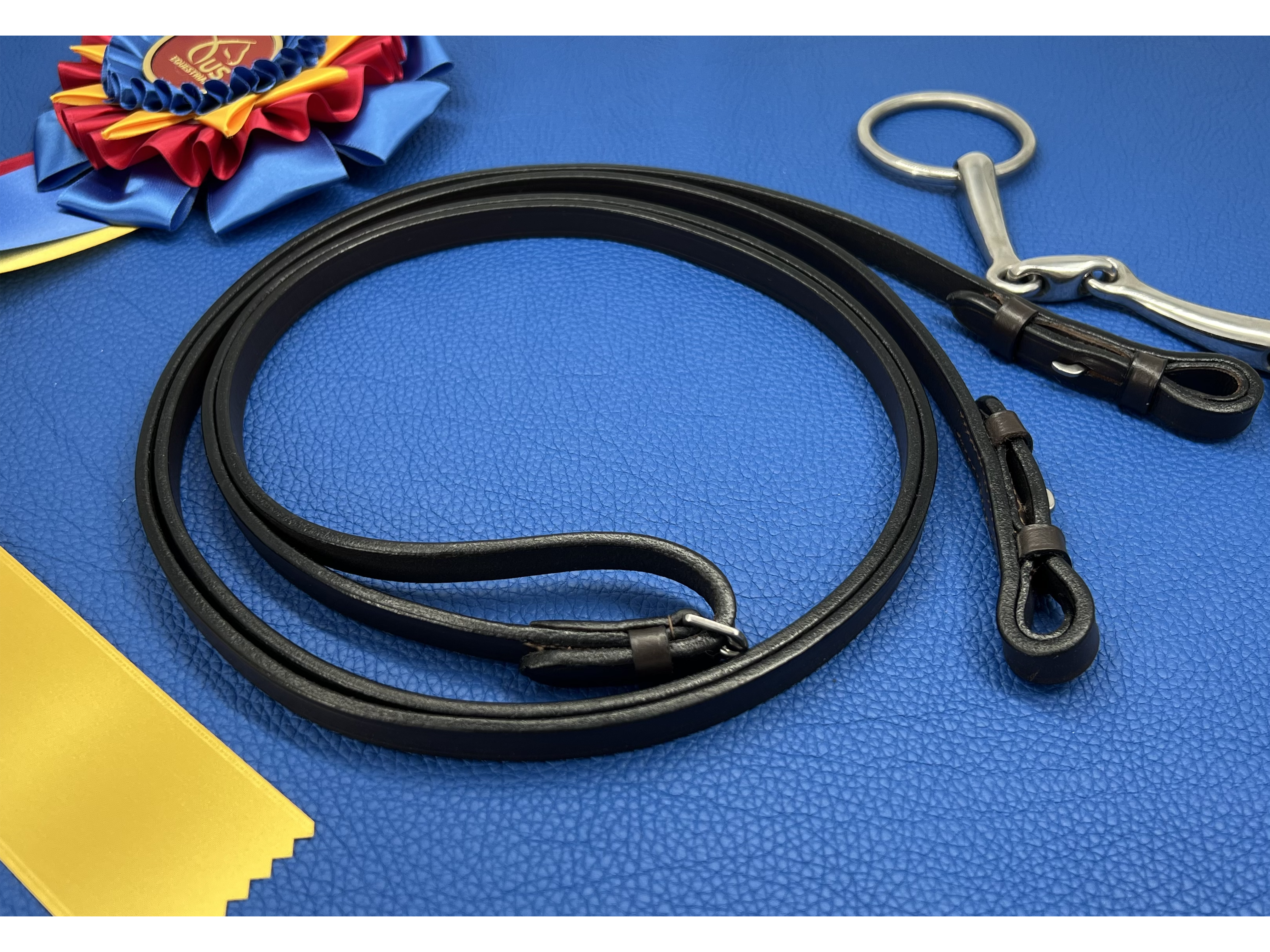 Delfina brand brown, flat reins with hook stud ends for dressage, jumpers, pleasure, trail horses.