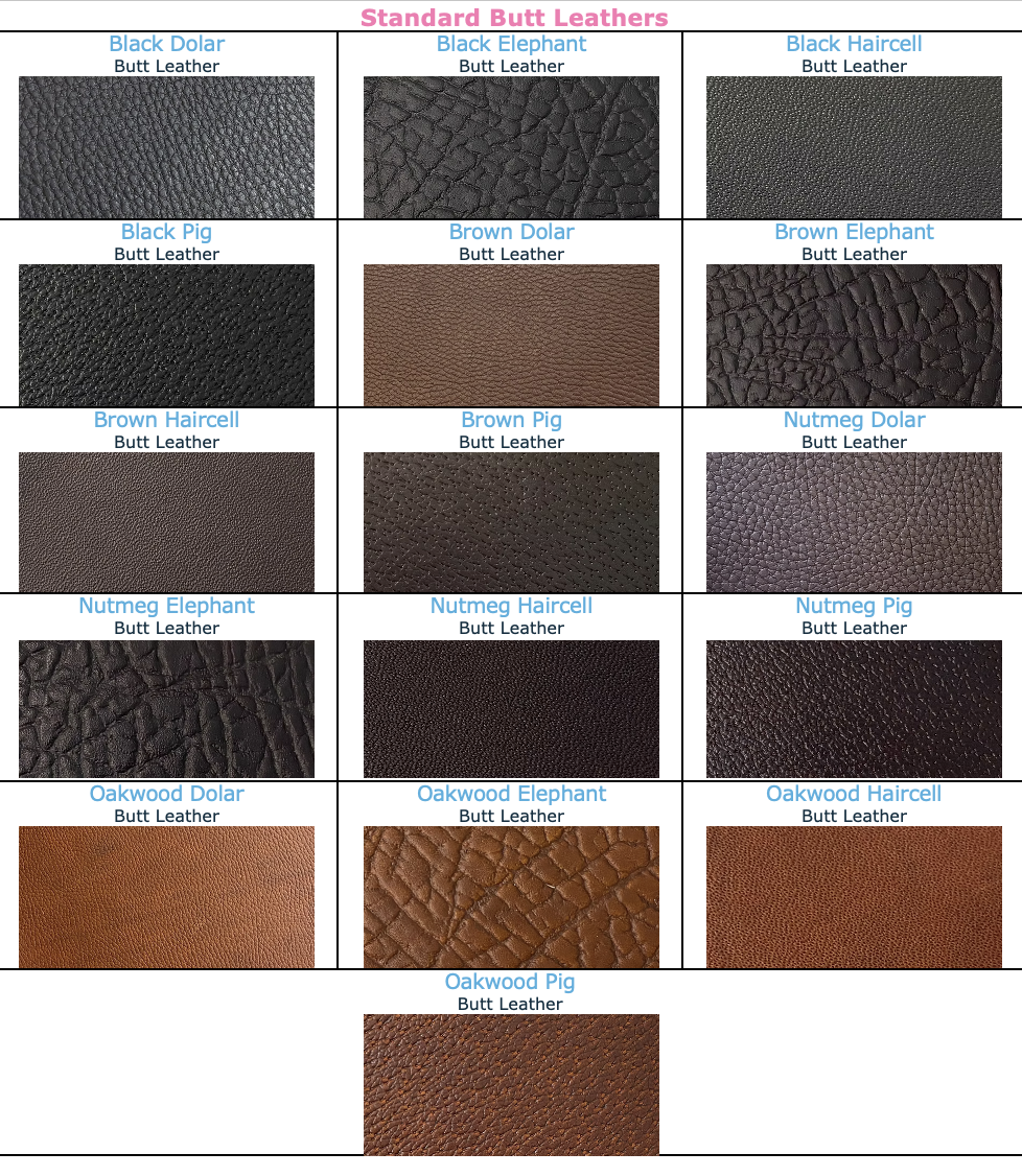 WOW Saddlery's available butt leather swatches in black brown nutmeg and oakwood dolar elephant haircell pig prints