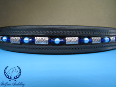 bright blue bicone crystals, sky blue pearls, and steel shark print beads custom browband for horse dressage hunter/jumper made by a veteran