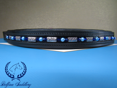 bright blue bicone crystals, sky blue pearls, and steel shark print beads custom browband for horse dressage hunter/jumper made by a veteran