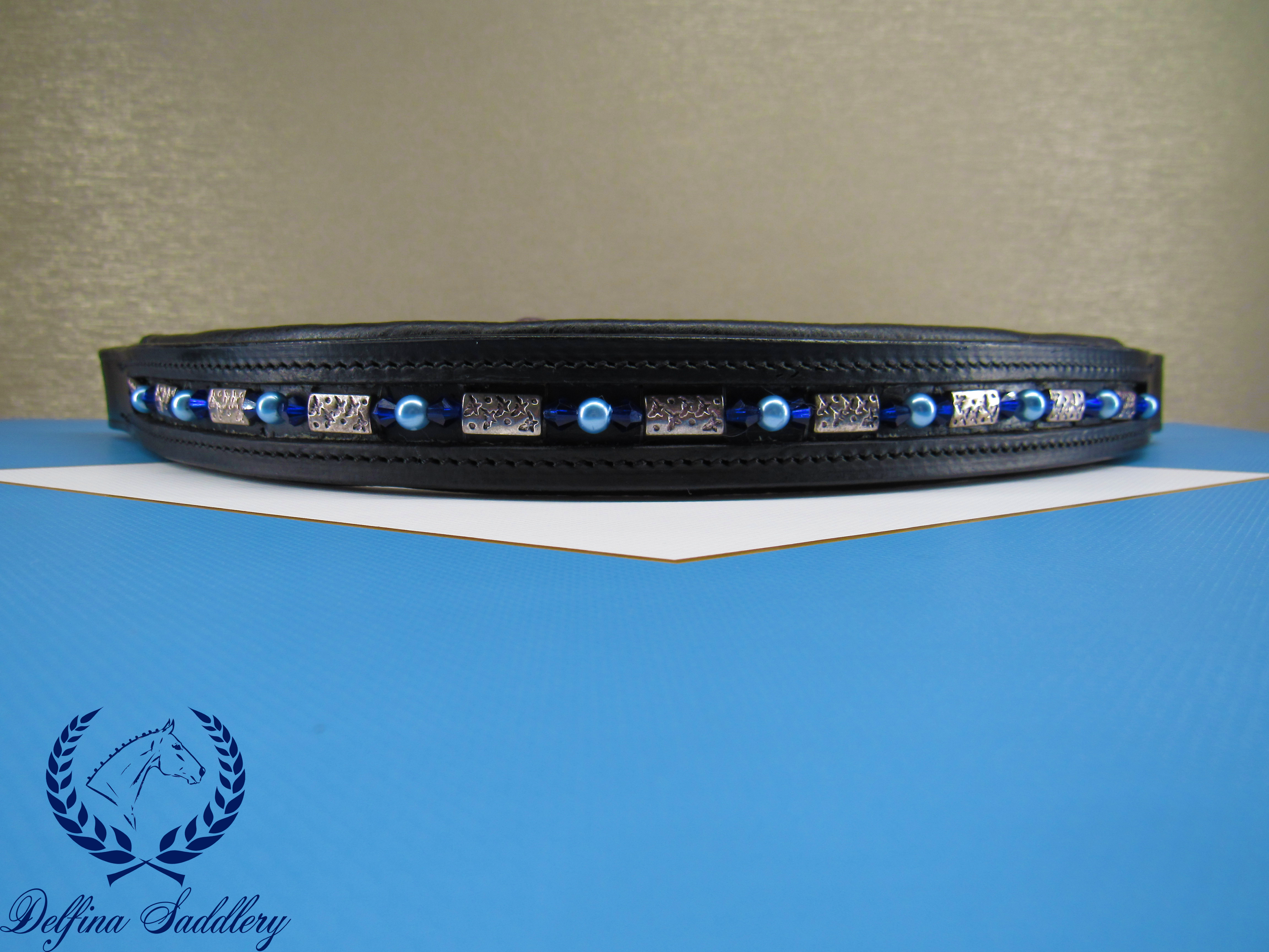 bright blue bicone crystals, sky blue pearls, and steel shark print beads custom browband for horse dressage hunter/jumper made by a veteran
