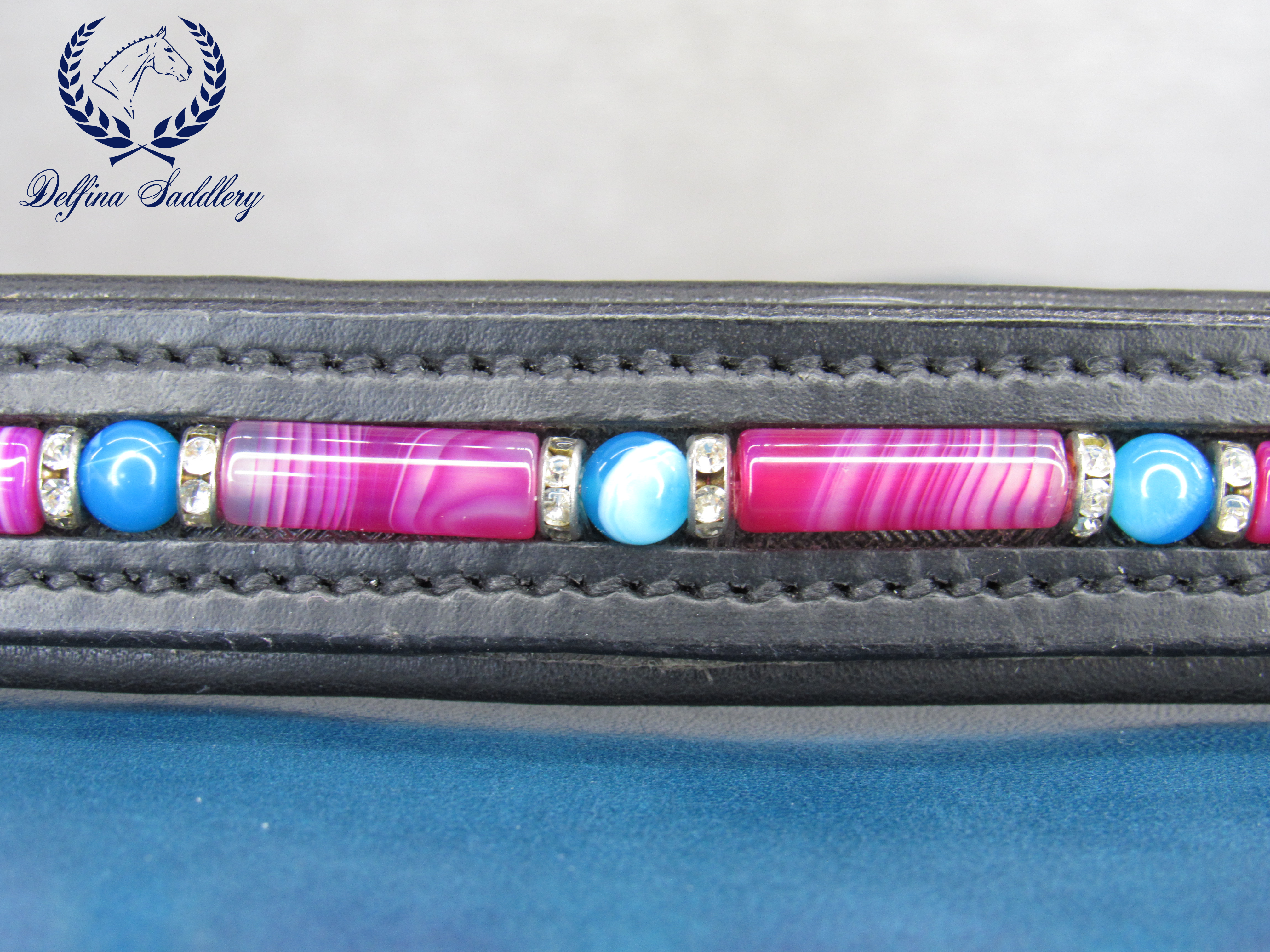 Pink and blue agate with swarovski crystal spacers on a small custom dog collar