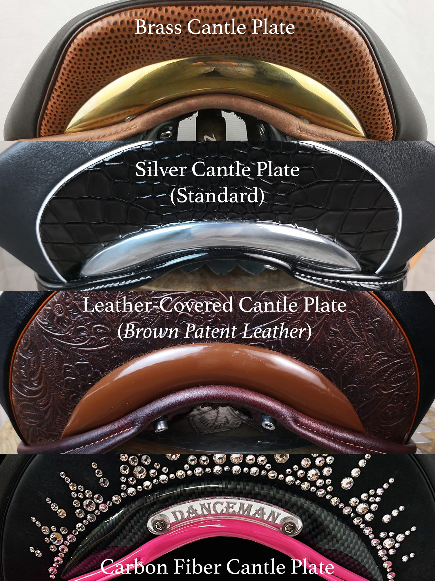 Comparison of different available WOW Saddle cantle plates including brass silver leather-covered and carbon fiber for custom riding horse saddles