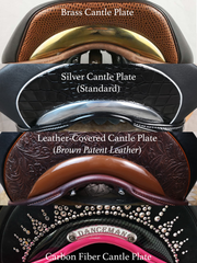 Comparison of different available WOW Saddle cantle plates including brass silver leather-covered and carbon fiber for custom riding horse saddles