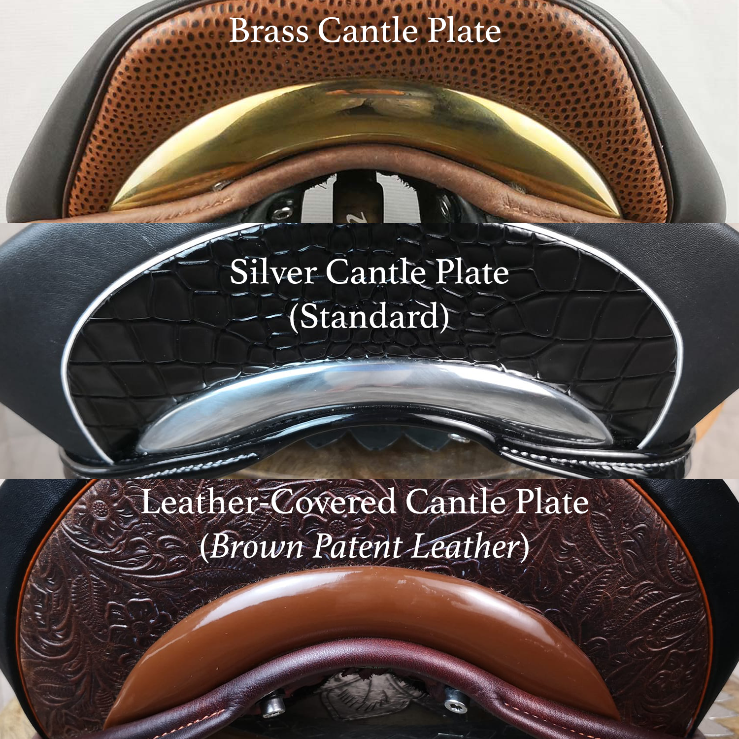 WOW Cantle Plate options including brass, silver, and leather-covered