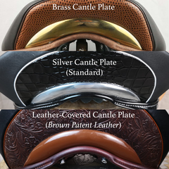 WOW Cantle Plate options including brass, silver, and leather-covered