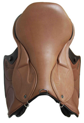 Overhead view of WOW Saddlery's DMK Peak Cross Country (XC) Saddle with integrated thigh-support block and magnetic flaps