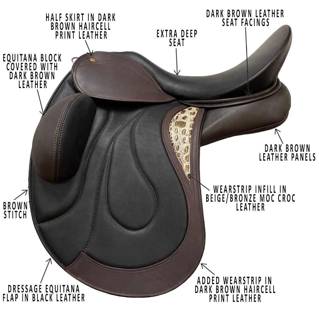 DMK Pinnacle Dressage Saddle with movable fixed external flap blocks