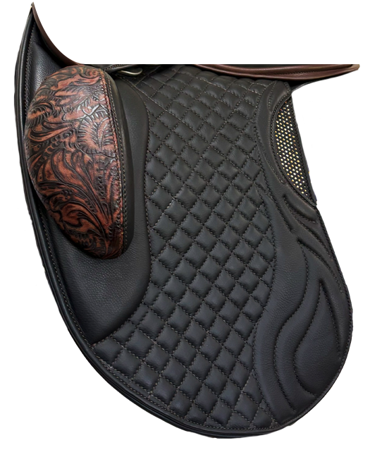WOW Equitana Pinnacle Dressage Flap in padded frenched-leather with a low-thigh / low-profile block in Designer on Fire style