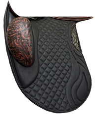 WOW Equitana Pinnacle Dressage Flap in padded frenched-leather with a low-thigh / low-profile block in Designer on Fire style