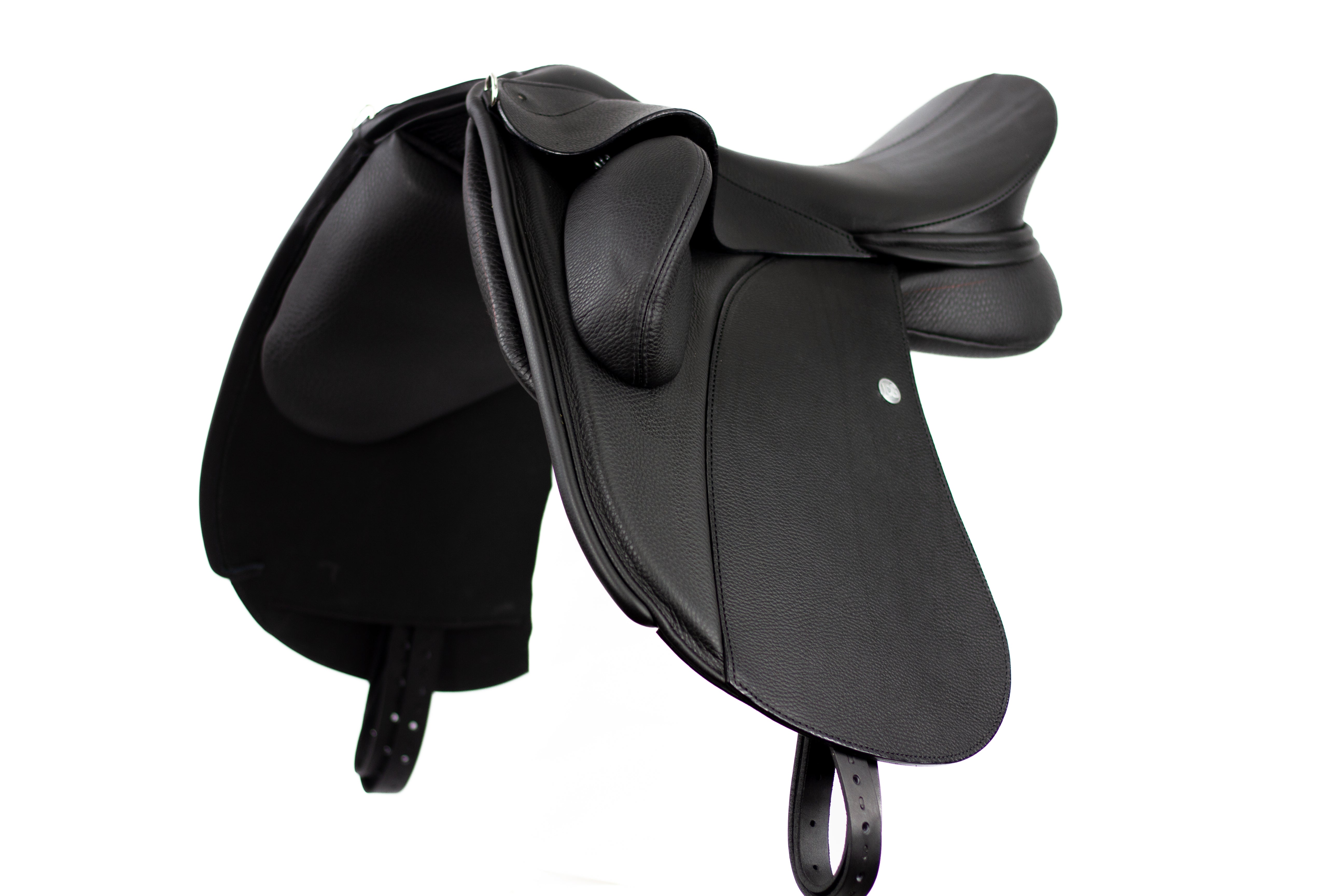 Duskin Dressage Saddle in black leather front view showing adjustable fixed blocks