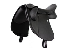 Duskin Dressage Saddle in black leather front view showing adjustable fixed blocks