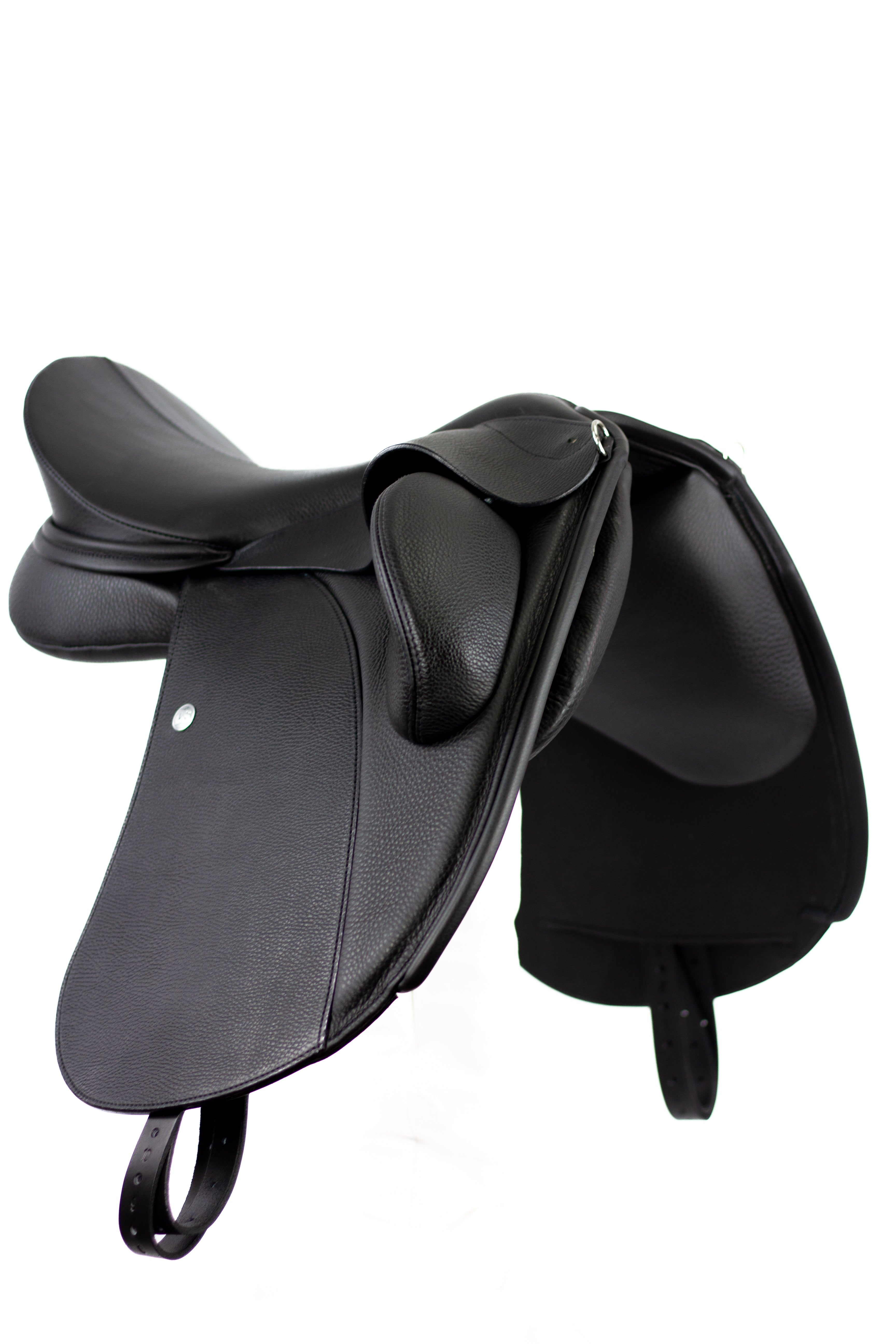 Duskin Dressage Saddle in black leather front view showing adjustable fixed blocks