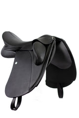 Duskin Dressage Saddle in black leather front view showing adjustable fixed blocks