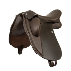 Duskin Dressage Saddle in brown leather showing the adjustable fixed thigh block from the front