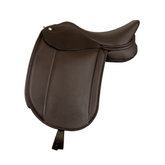 The Showing Saddle is just that: all about show! It is a dressage-styled flap which allows the horse's shoulder to be seen in an elegant manner in the show ring. It is simple in design with a soft, padded thigh and knee area and no external blocks. Great for Classical Dressage riders and Saddleseat riders