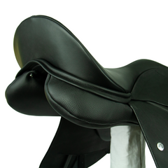Duskin Very-Slightly-Dressage (VSD) Saddle combines a dressage saddle with a general purpose saddle and are perfect for the all-around rider or dressage rider with short legs or those who ride with a shorter stirrup and more bend in their knee, closeup of the cantle