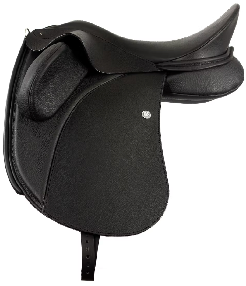 Duskin Dressage Saddle in black leather with adjustable fixed blocks and foam panels