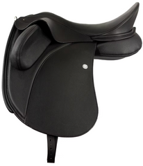 Duskin Dressage Saddle in black leather with adjustable fixed blocks and foam panels