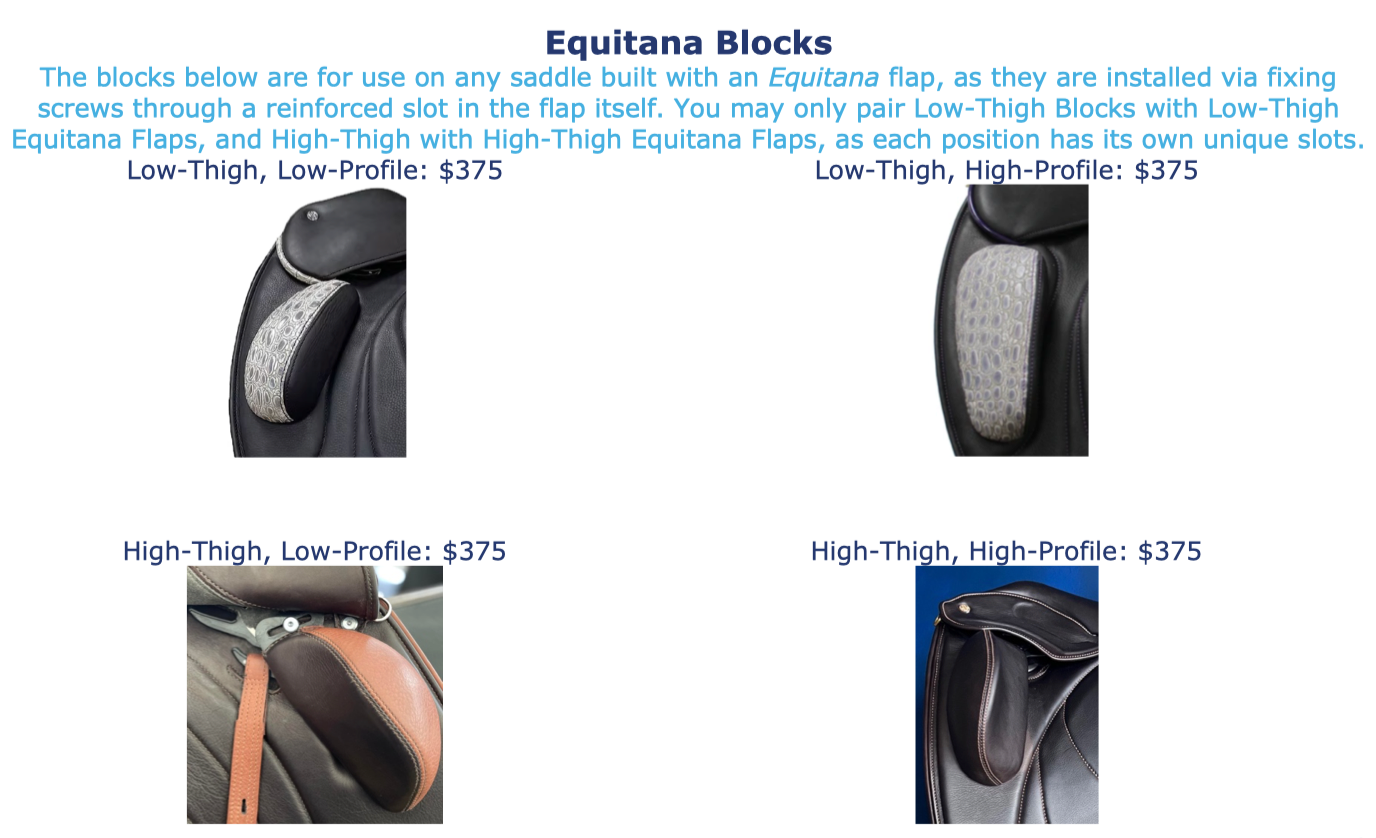 Excerpt from Delfina Saddlery's WOW Dressage Saddle Catalog, Equitana Blocks with associated images.