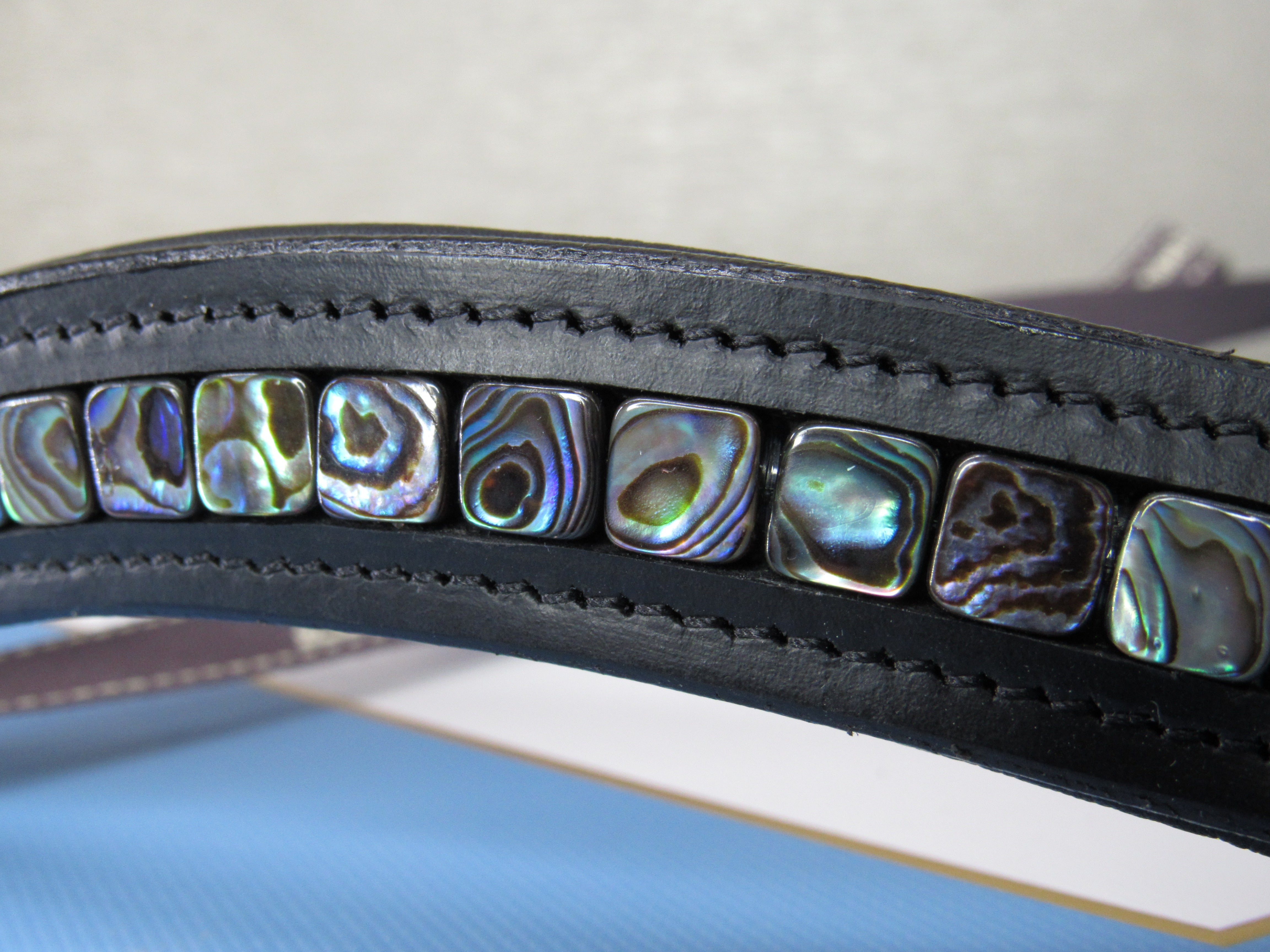 Full abalone bead horse browband dutch drop straight wave genuine leather one of a kind custom