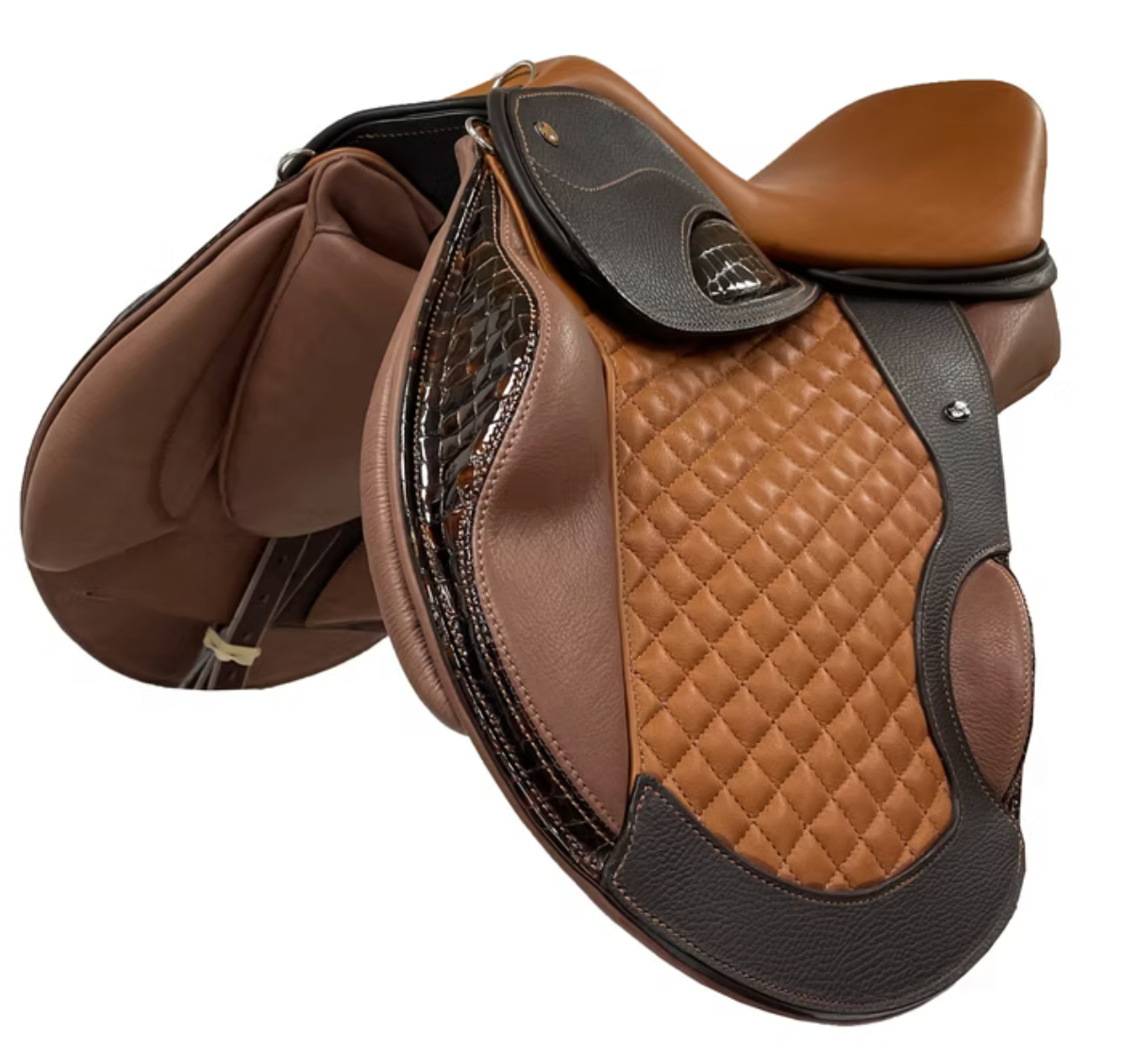 Signature Competitor Jumping Fixed Block + CB Saddle from WOW. Whiskey Moc Crocodile leather infill on skirt and double-stitched block fronts. Brown dollar print wear strip and half-skirt. Designer on Fire Channel quilted flap.