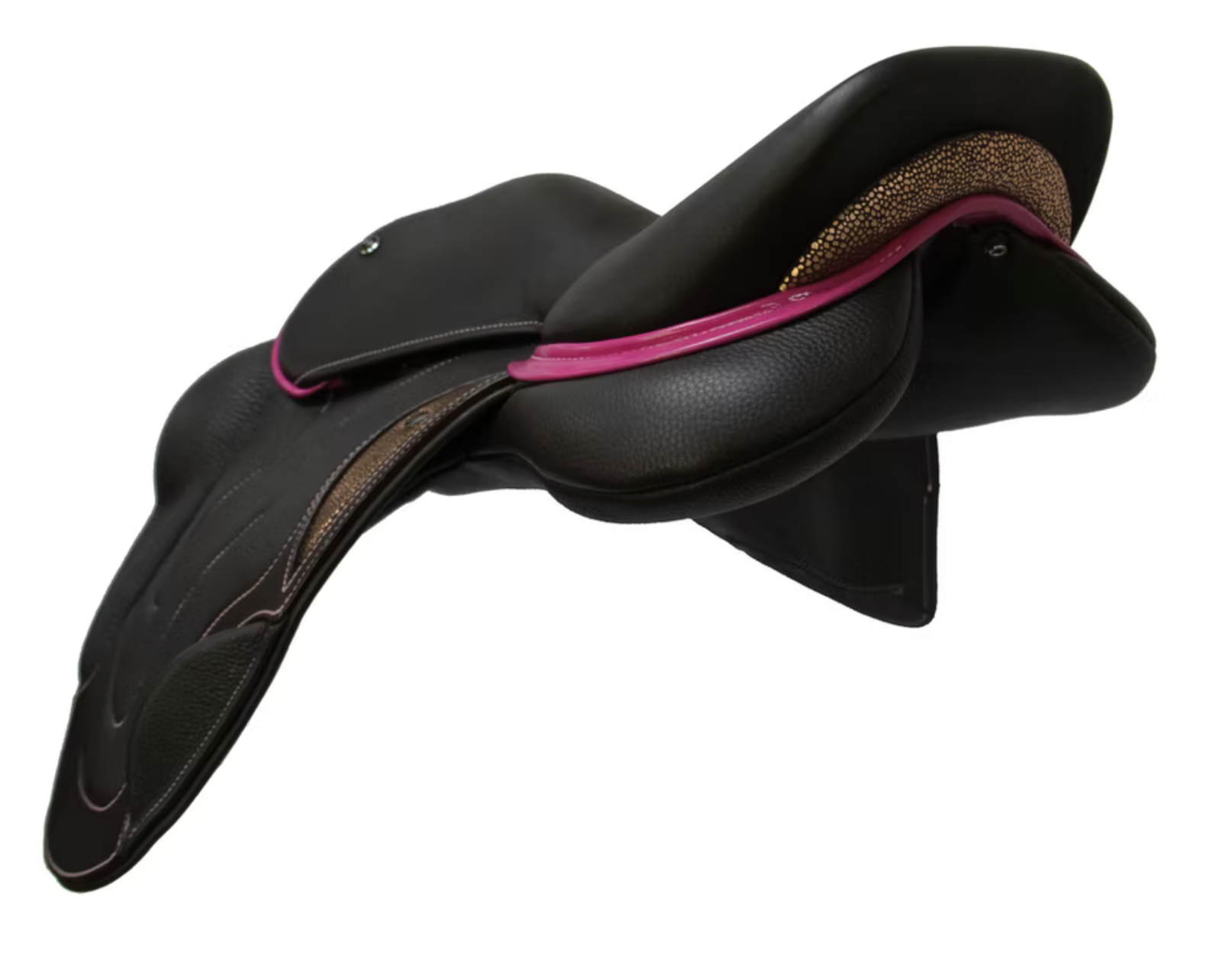Signature Competitor Jumping Fixed Block + CB Saddle from WOW with magenta patent leather facings and bronze metallic covered cantle plate and flap infill