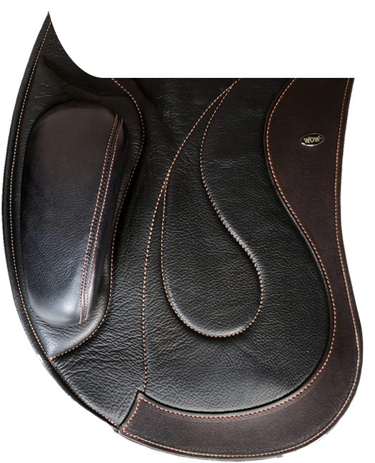 WOW Equitana Pinnacle Dressage Flap in padded frenched-leather with a low-thigh / high-profile block