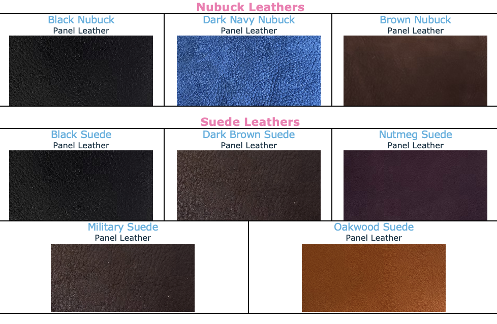 WOW Nubuck and Suede Leather color swatches from Delfina Saddlery's WOW Customization Guide