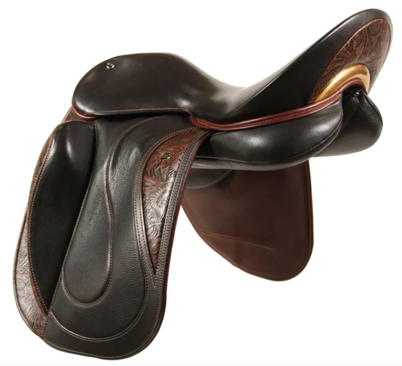 WOW Seriously Straight Padded Dressage Saddle in brown with custom brown floral infill, block front, and cantle infill
