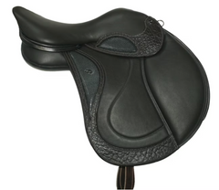 Signature Competitor Continental Jump Saddle with custom elephant print wear strip and half-skirt with stingray infills