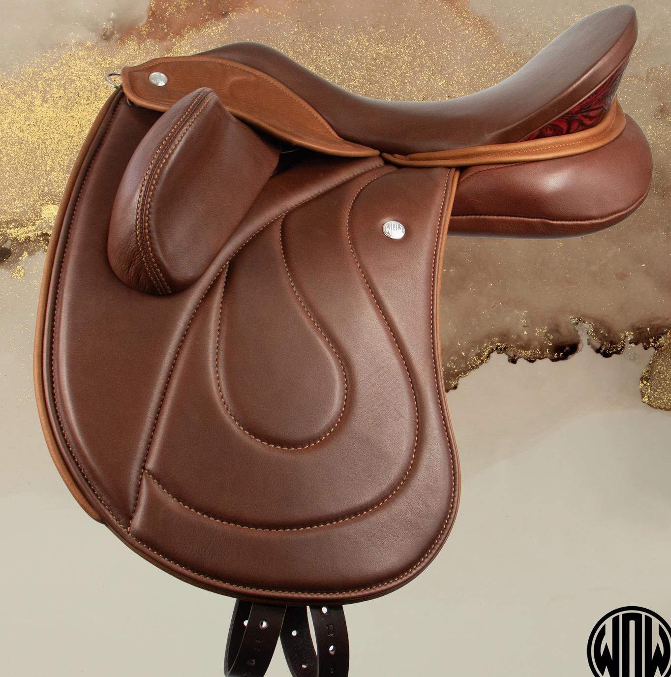 DMK Pinnacle Dressage Saddle with movable fixed external flap blocks
