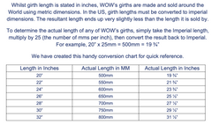 European Girth Length to Imperial American Length Conversion Chart - for short dressage girths
