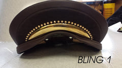 WOW Saddle's Bling I 1 option with genuine swarovski crystals inlaid around the cantle plate in brass for custom english riding saddles