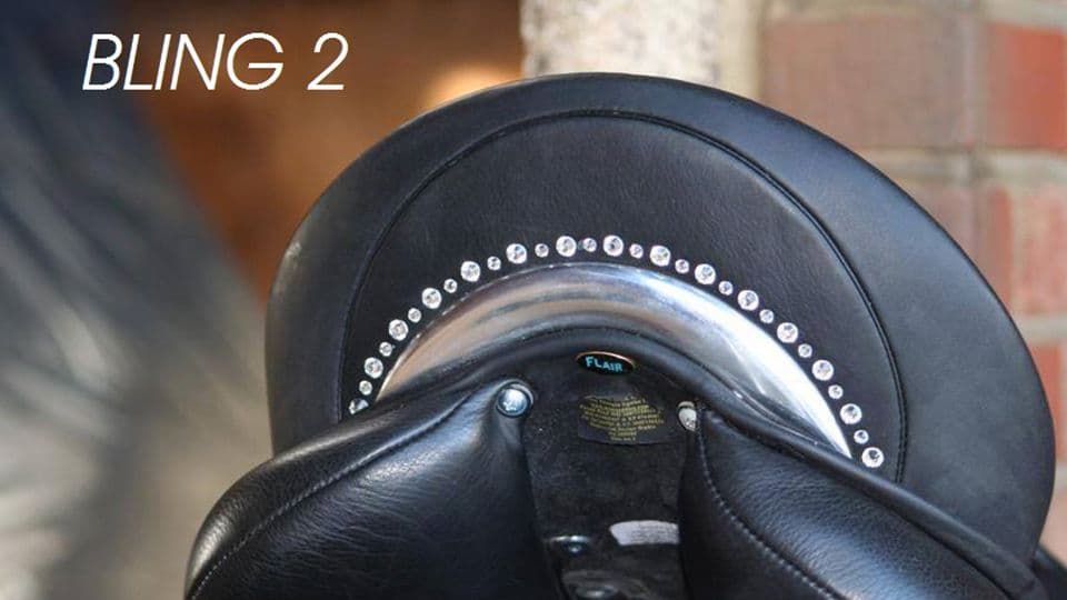 WOW Saddle's bling 2 option of genuine swarovski crystals inlaid around the cantle plate of a custom english riding saddle dressage