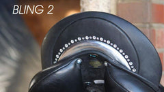 WOW Saddle's bling 2 option of genuine swarovski crystals inlaid around the cantle plate of a custom english riding saddle dressage