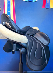 17" DMK Pinnacle Dressage Saddle.  Flat Tree. High thigh, High profile blocks. Rent, Buy Demo, or Purchase New only at Delfina Saddlery.