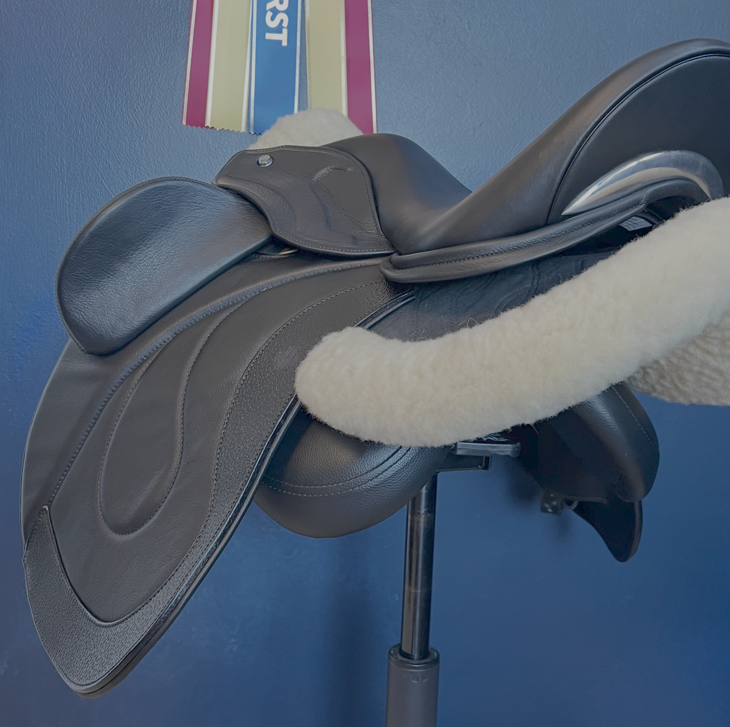 17" WOW Pinnacle Dressage Saddle Semi-Curved Tree black panel leather butt wear strip high thigh high profile blocks. Buy demo stock, order new, or rent weekly, only at Delfina Saddlery.