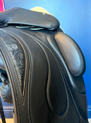 17" Custom Equitana Dressage Saddle with floral stamped leather infills, cantle, and facings. Semi-Curved Tree. Low thigh, Low profile blocks. Rent, Buy Demo, or Purchase New only at Delfina Saddlery.