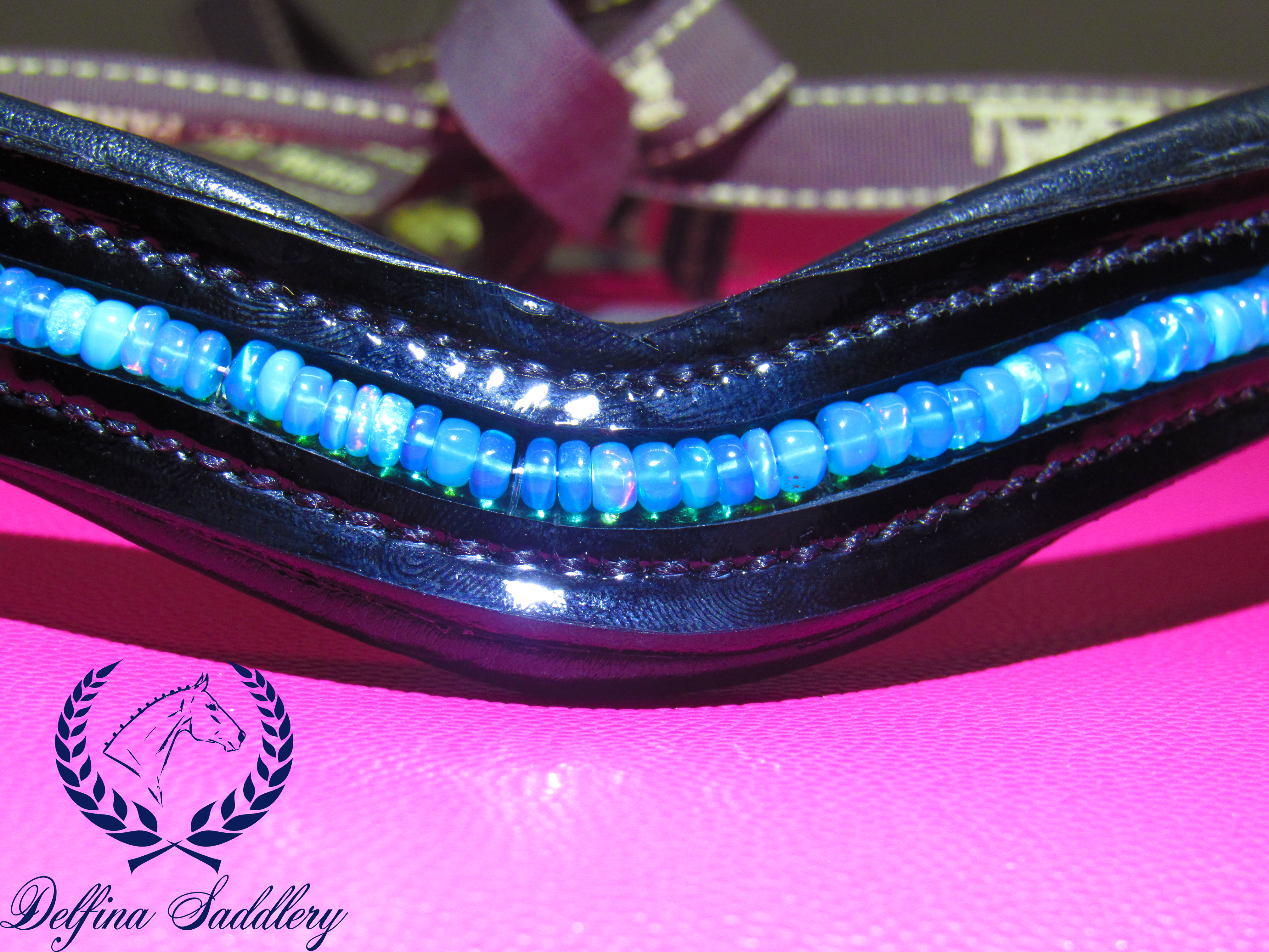 Custom Browband: Genuine Blue Opals in Patent Leather - 14.5"
