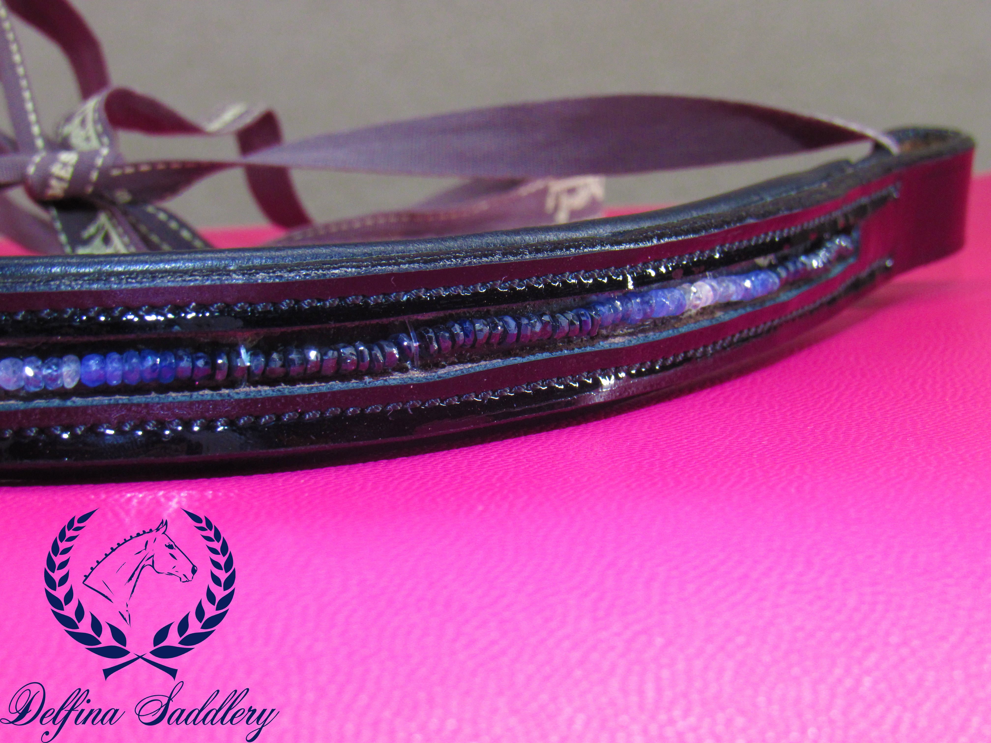 Custom Browband: Genuine Sapphires in Patent Leather - 17"